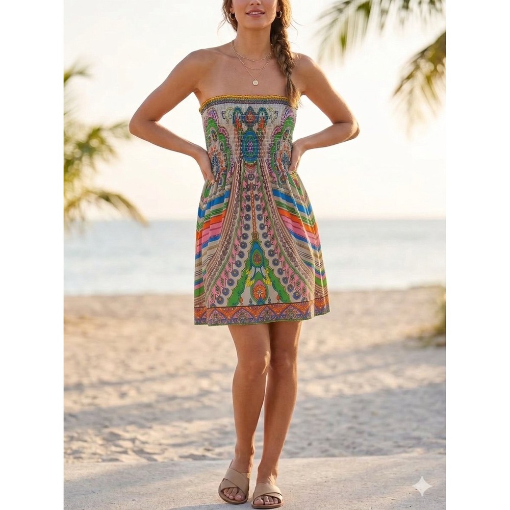 Flying Tomato Strapless Smocked Boho Paisley Mini Dress Multicolor Size Large